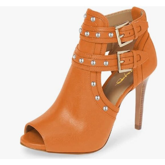 XYD Shoes - XYD Dark Orange Studs Peep Toe Ankle Bootie High Heel Buckled Double Strap Shoes